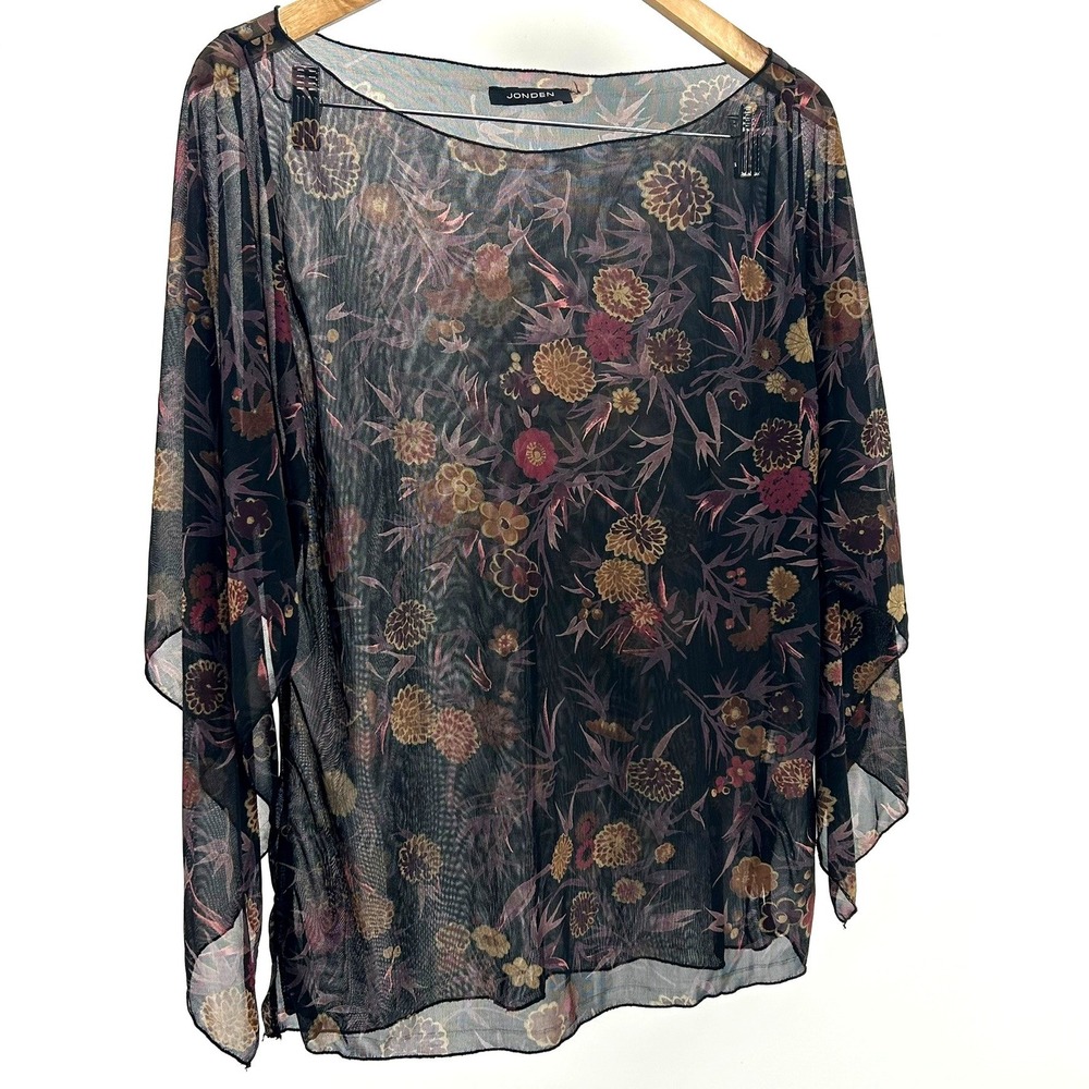 Jonden Sheer Mesh Floral Top XL Black Multi Color Batwing Sleeve Whimsygoth